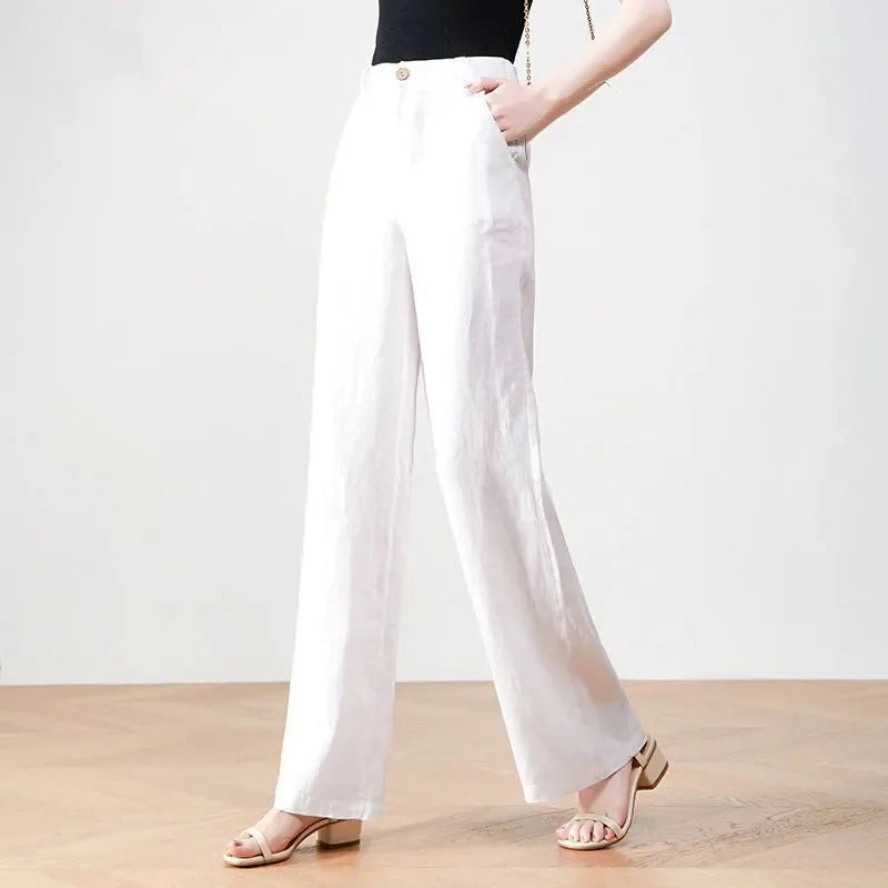 Cotton Linen Wide Leg Pants Lady New Spring Summer Thin Casual Solid Long Pants Women Elastic High Waist Loose Straight Trousers