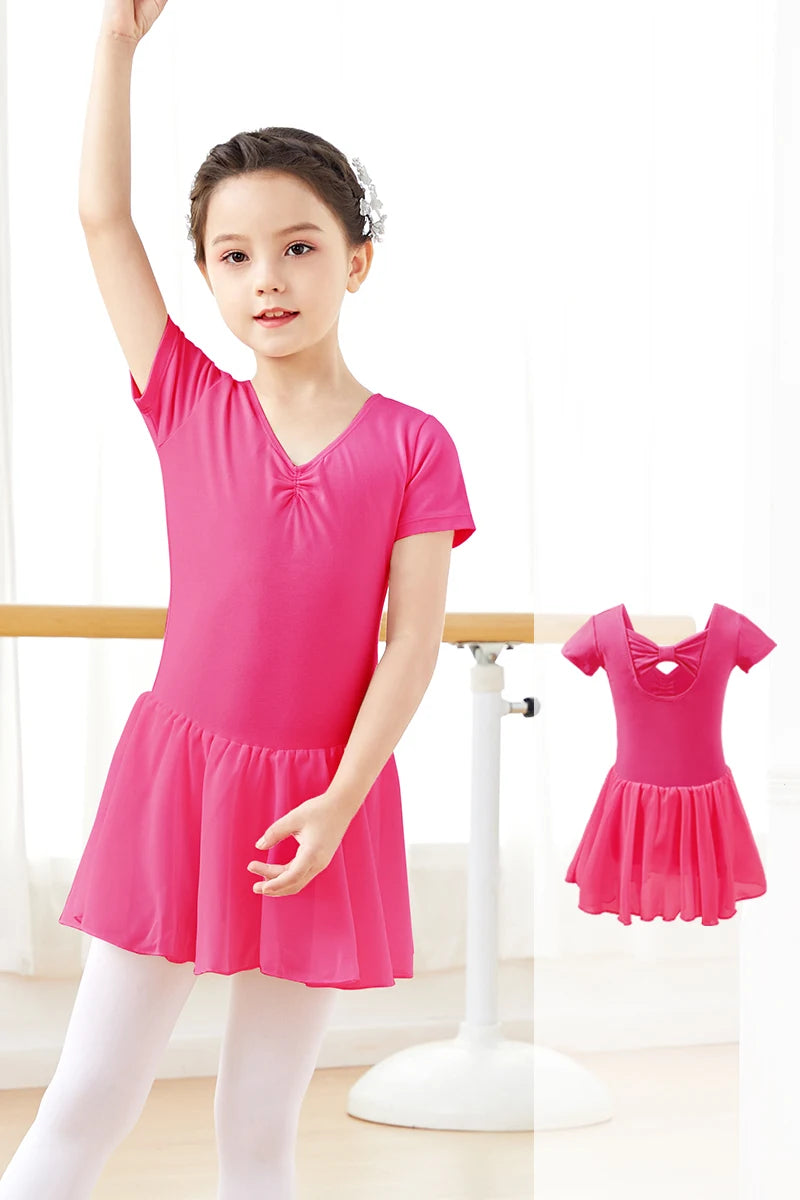 Girl Ballet Leotard with Chiffon Tulle Skirt Kids Bowknot Lyrical Dance Dress Short/Long Sleeve Bodysuit Back Bow Tie Dance Wear