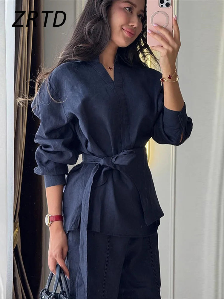 Linen Lace-Up Shirt & Wide-Leg Pants Set — Women's 2-Piece