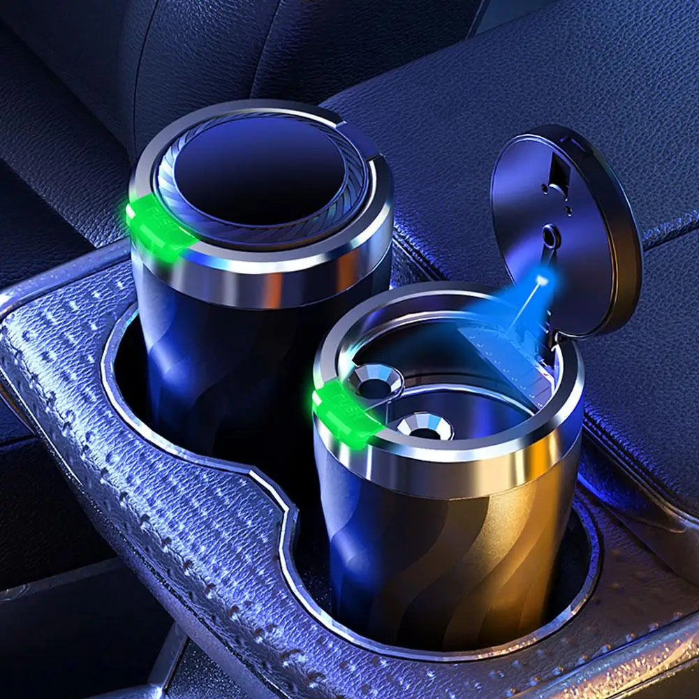 Portable Car Ashtray with LED Light Metal Liner Auto Ash Tray Large Capacity One-Click Open Interior Accessories