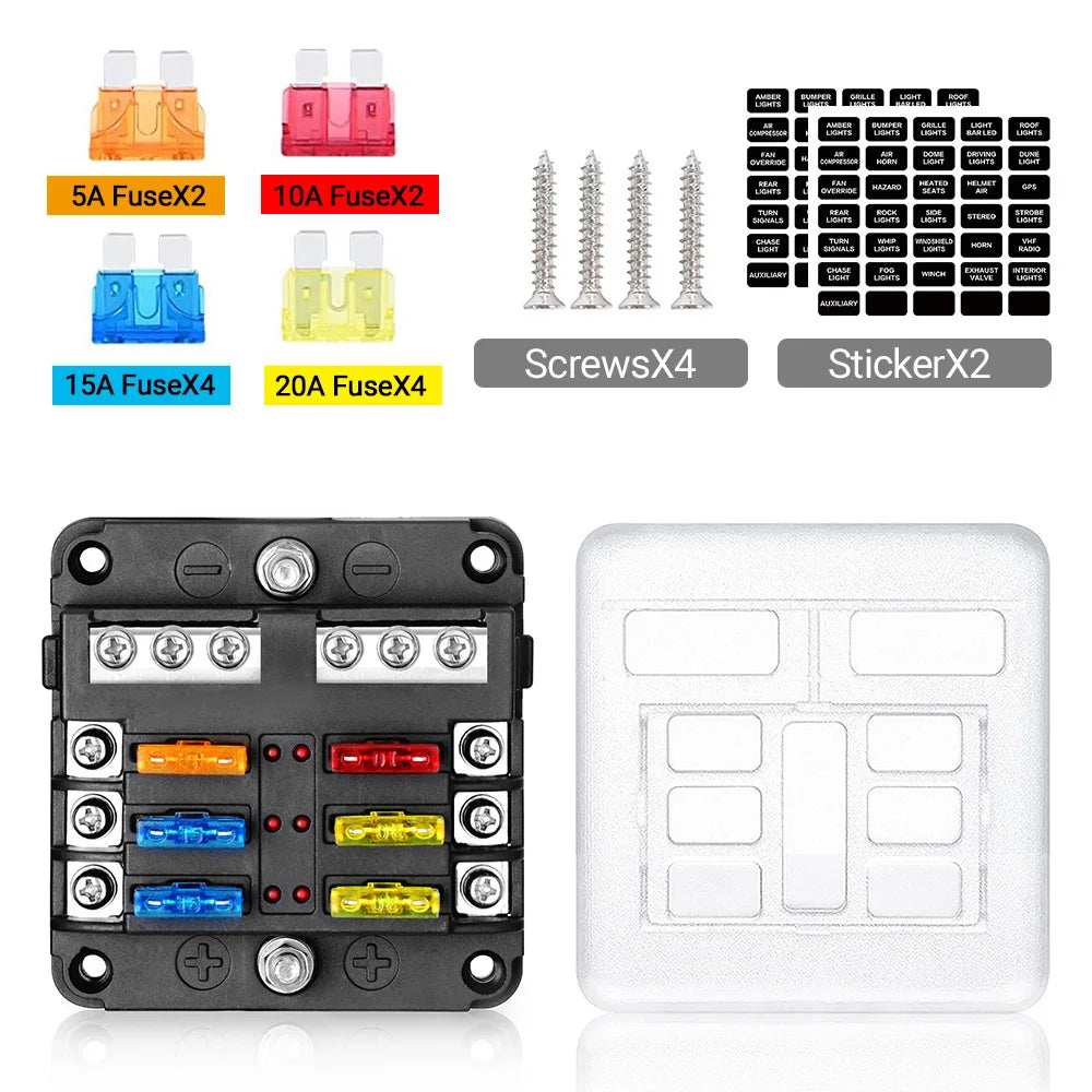 6-12 Way Blade Fuse Block Fuse Box Holder Cover With LED Indicator For a Pillar Switch Panel 12V-24V Board Camper RV Boat