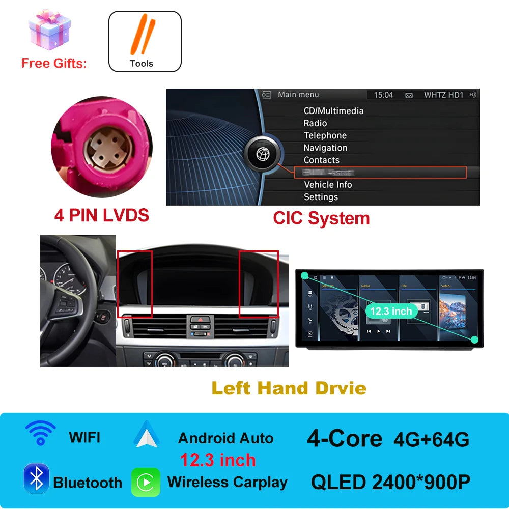Car Stereo with Apple CarPlay & Android Auto, Compatible with BMW 3 Series E90 E91 E92 (CCC/CIC)