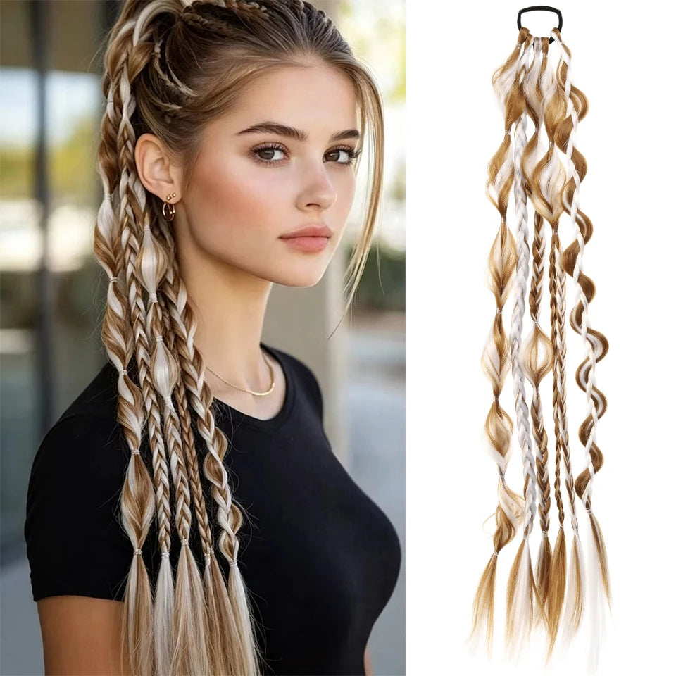 24Inch Synthetic Long Braided Bubble Ponytail Wig Extensions Lightweight With Elastic Band Wig Accessories For Women Party Use