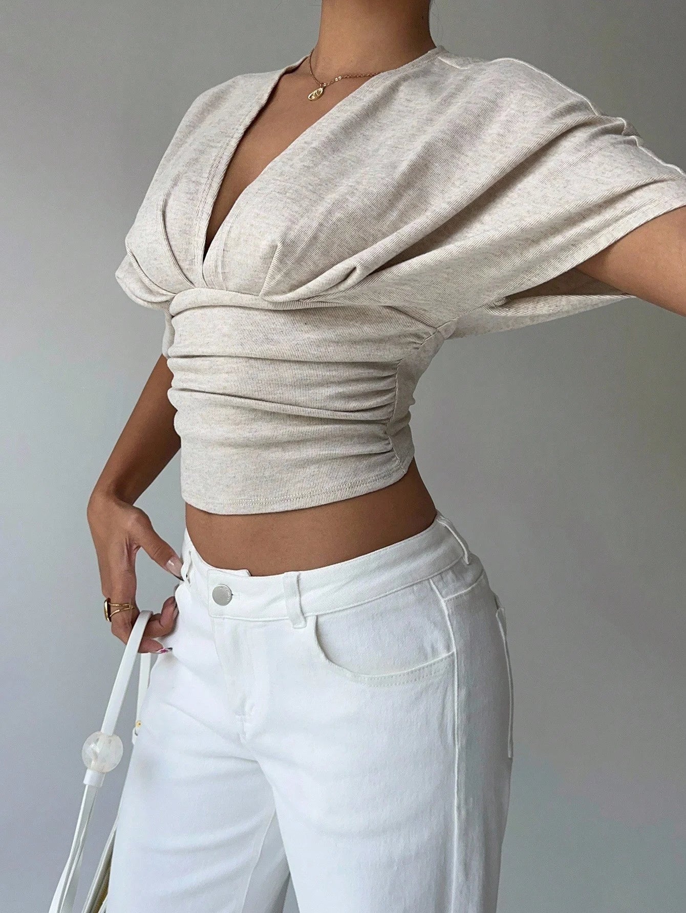 Women's Deep V-Neck Short Sleeve Fitted Tee — Apricot