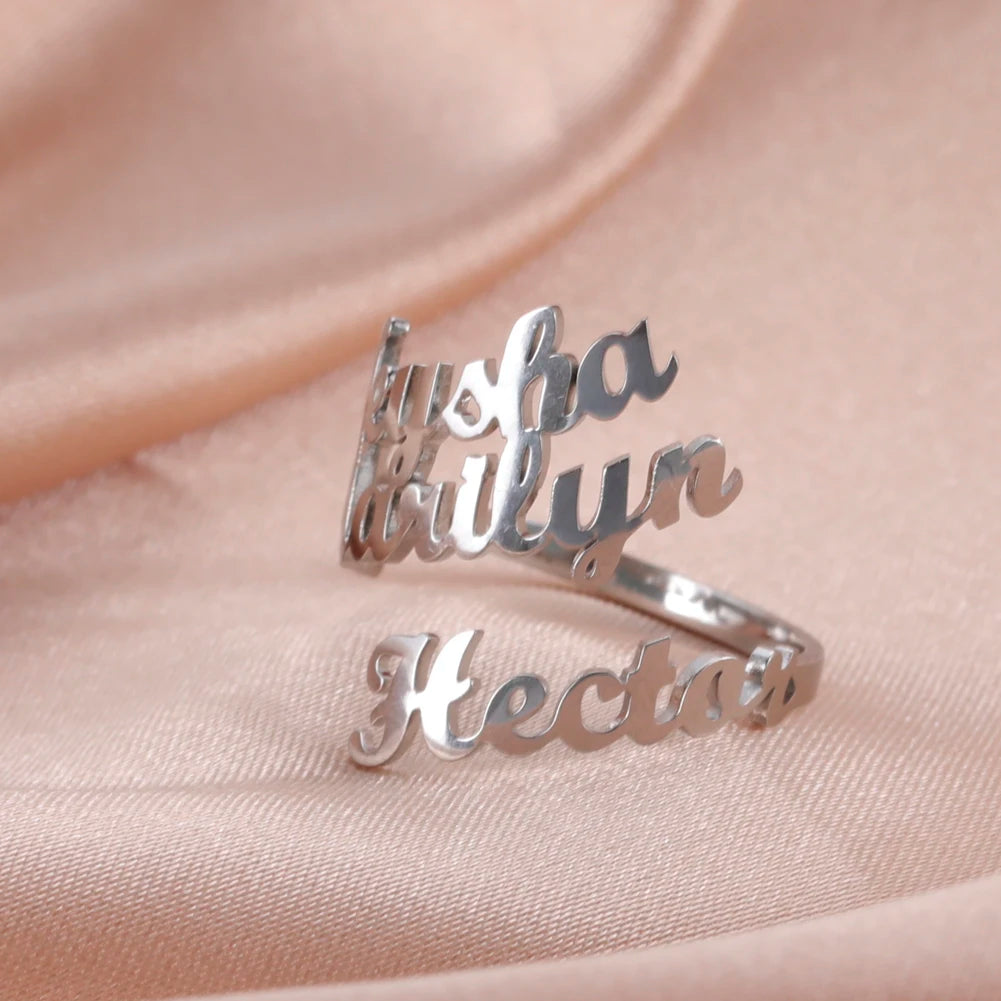 Custom Double First Name Finger Ring For Women Men Personalized Couple Family Gift Gold Color Stainless Steel Metal Jewelry