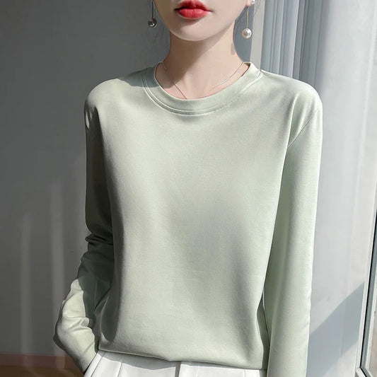 Women's Mercerized Cotton Long Sleeve T-Shirt - Round Neck Loose Fit - photo 2