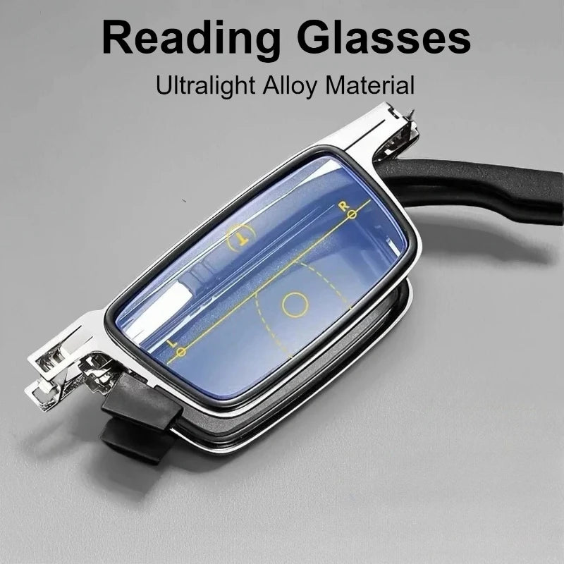 Portable Folding Reading Glasses with Case — Metal Frame, Blue Light Filter, Unisex