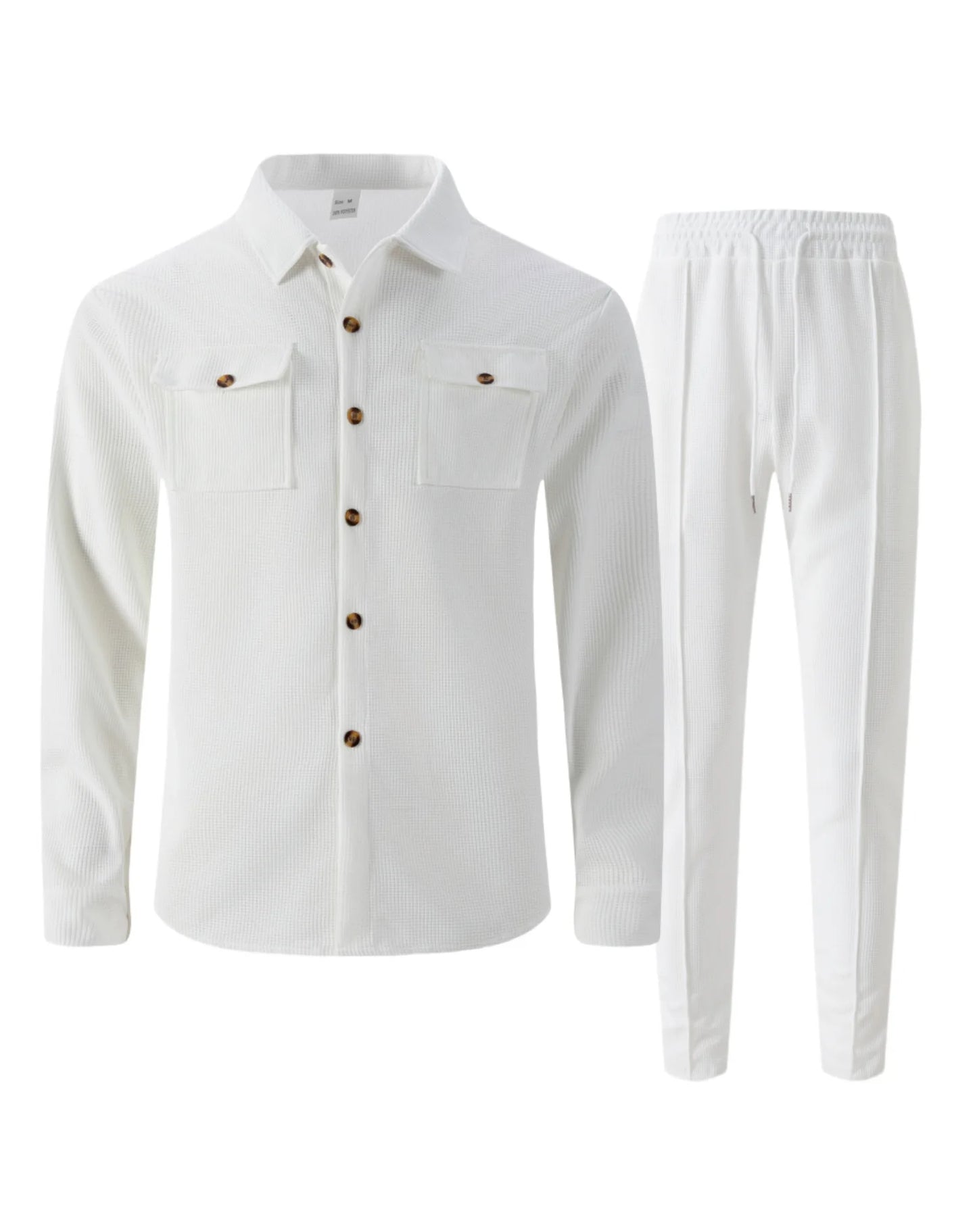 Men's casual two-piece waffle texture suit (including button-down top and elastic waist pants) - fashionable street casual sport