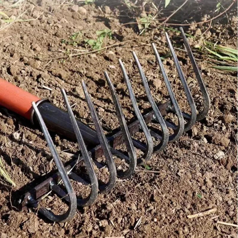 Multifunctiona steel rake Manganese Steel Durable Laborsaving Agricultural Nine-tooth Nail Rake for raking grass, loosening soil