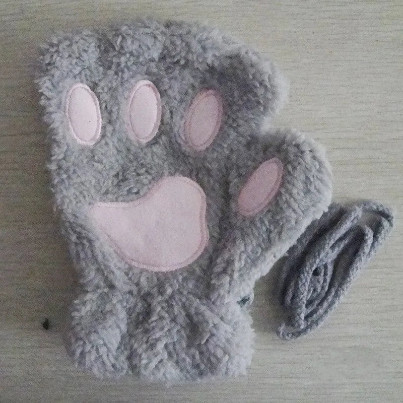Women's Cat Paw Plush Mittens, Fingerless