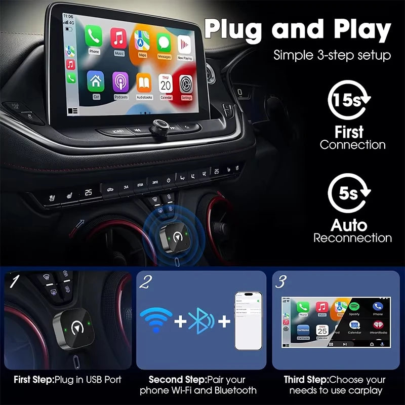 2-in-1 Wireless CarPlay Adapter Plug-and-Play for iPhone 10 and Android 11 above Auto Adapter with USB/USB-C Port Car Accessory