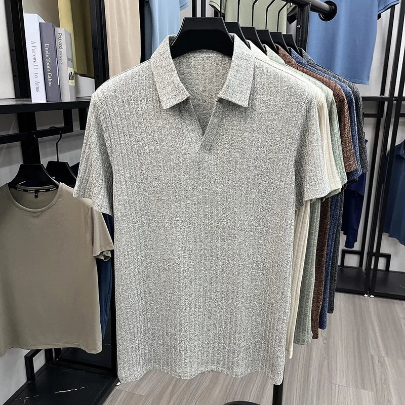 Men's Knitted Polo Tee - V-Neck Stripe, Lightweight Breathable