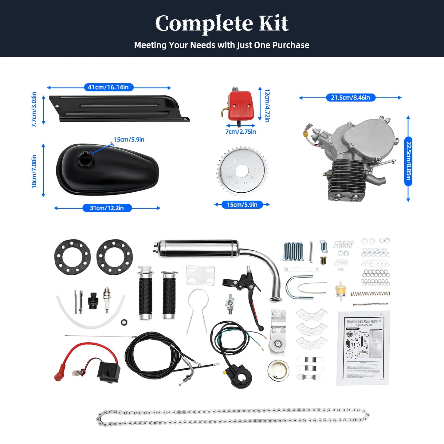2-Stroke 100cc Bicycle Gasoline Engine Kit,36/44 Teeth Gas Motor,Petrol Engine W/ Air-Cooling System for Most 26" Or 28" Bike
