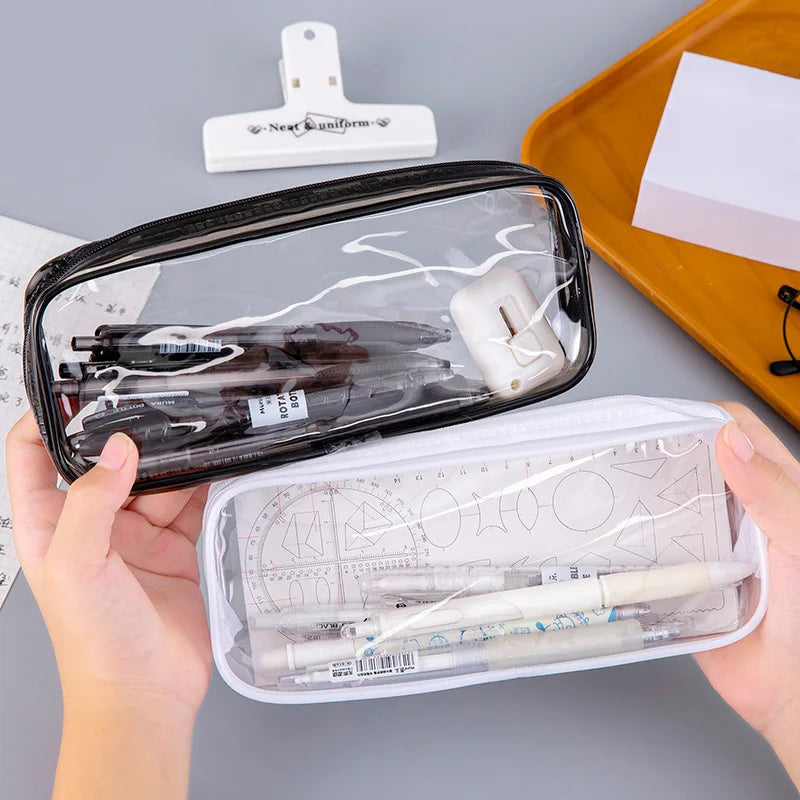 2pcs Clear PVC Zipper Pencil Bag Toiletries Exam Pen Pencil Pouch Case Travel Luggage Make up Cosmetic Bag (Black and White)