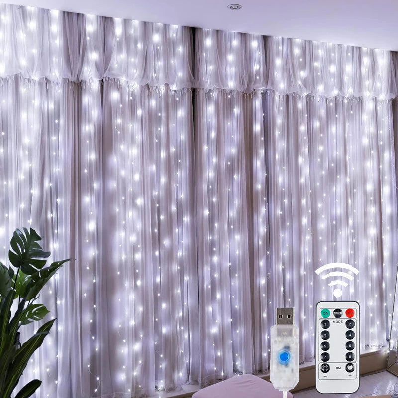 Christmas Lights LED Fairy String Curtain Lights 8 Mode Remote USB Festoon Christmas Decor For Home Holiday New Year Lamp