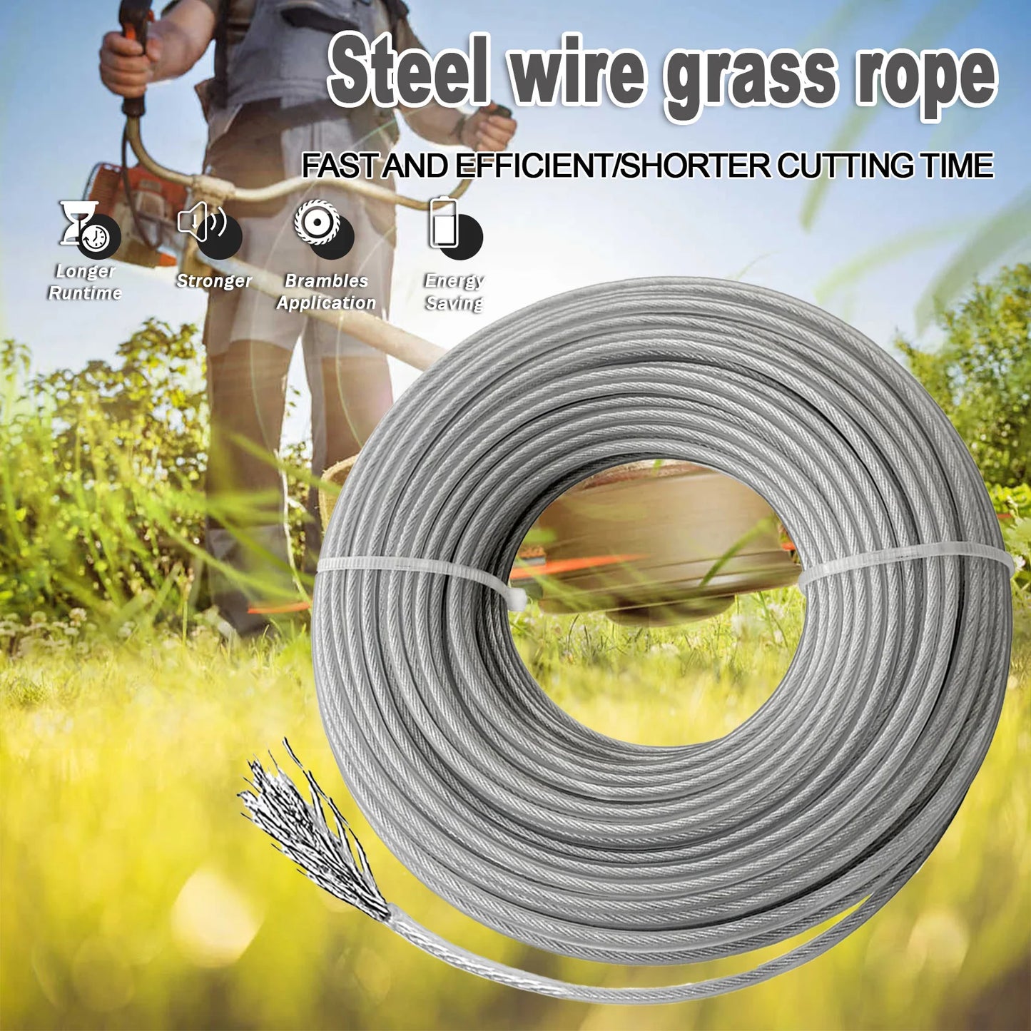 TSES 2.0mm~4.0mm*20m Grass Steel Wire Trimmer Line Mowing Line Brush Cutter Rope Strong Wear Resistance