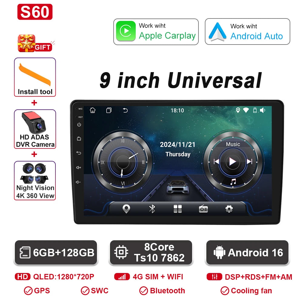 9"/10" Universal Car Stereo with Apple CarPlay & Android Auto (1 DIN)