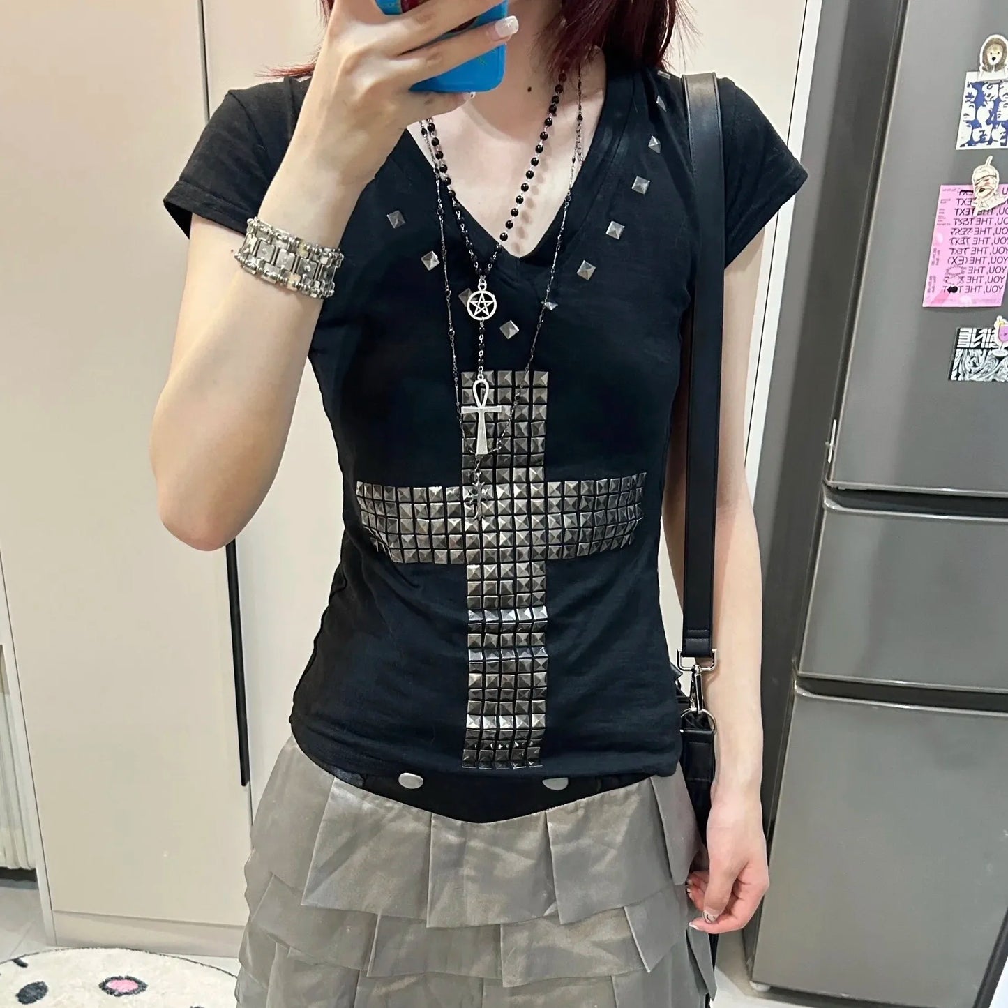 Women's Y2K Cross-Print Sheer Tee — V-Neck Vintage Harajuku Grunge Top