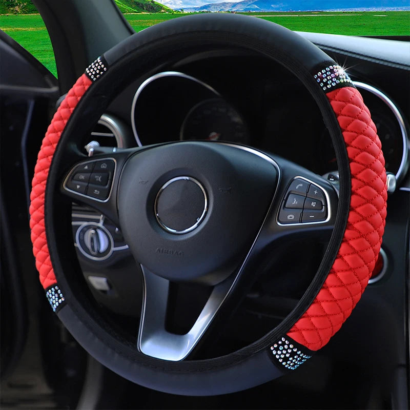 Four Seasons Universal Car Steering Wheel Cover 37-38cm Leather Embroidered Color Diamond-Studded Elastic Steering Wheel Cover