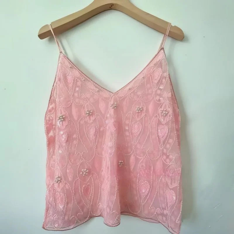 Women's Hot Sweet Sequin Bead Crop Tops Sexy Sling Slim Fit Short V-neck Straight Tank Top Korean Fashion Y2k Clothing