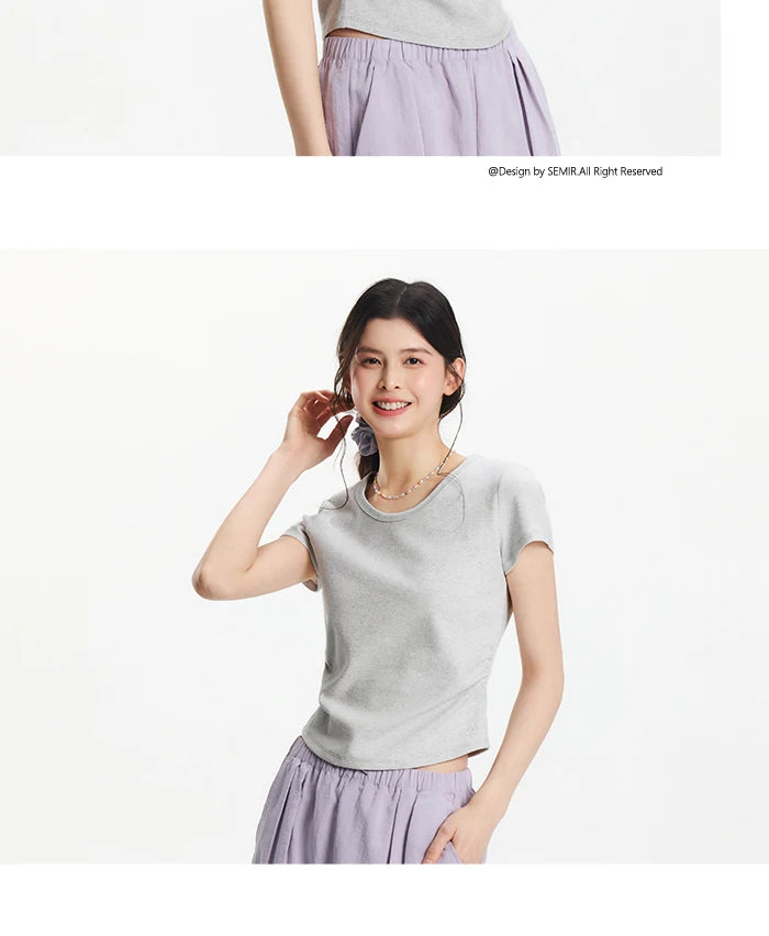 Semir Short Sleeve T-Shirt Women Cropped Slim Fit Shoulder Fit Design 2026 New Summer Embroidered Top Versatile for Chic Outfits