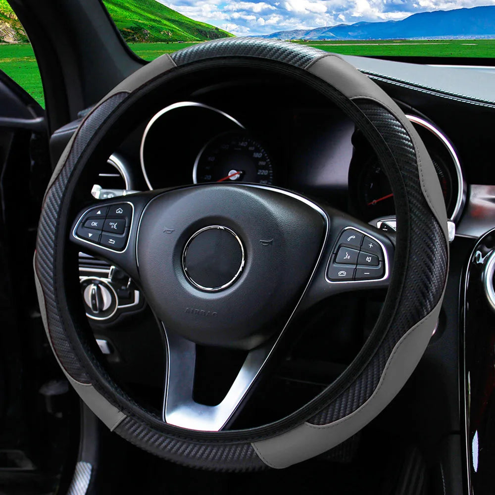 Carbon Fiber PU Leather Steering Wheel Cover – Universal Fit 14.5–15 Inch | Anti-Slip Car Interior Accessory