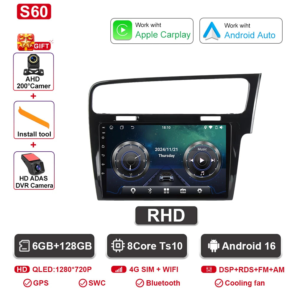 Android Car Stereo for VW Golf 7 MK7 GTI (2012–2021, RHD) — CarPlay, Android Auto, GPS, 2-DIN
