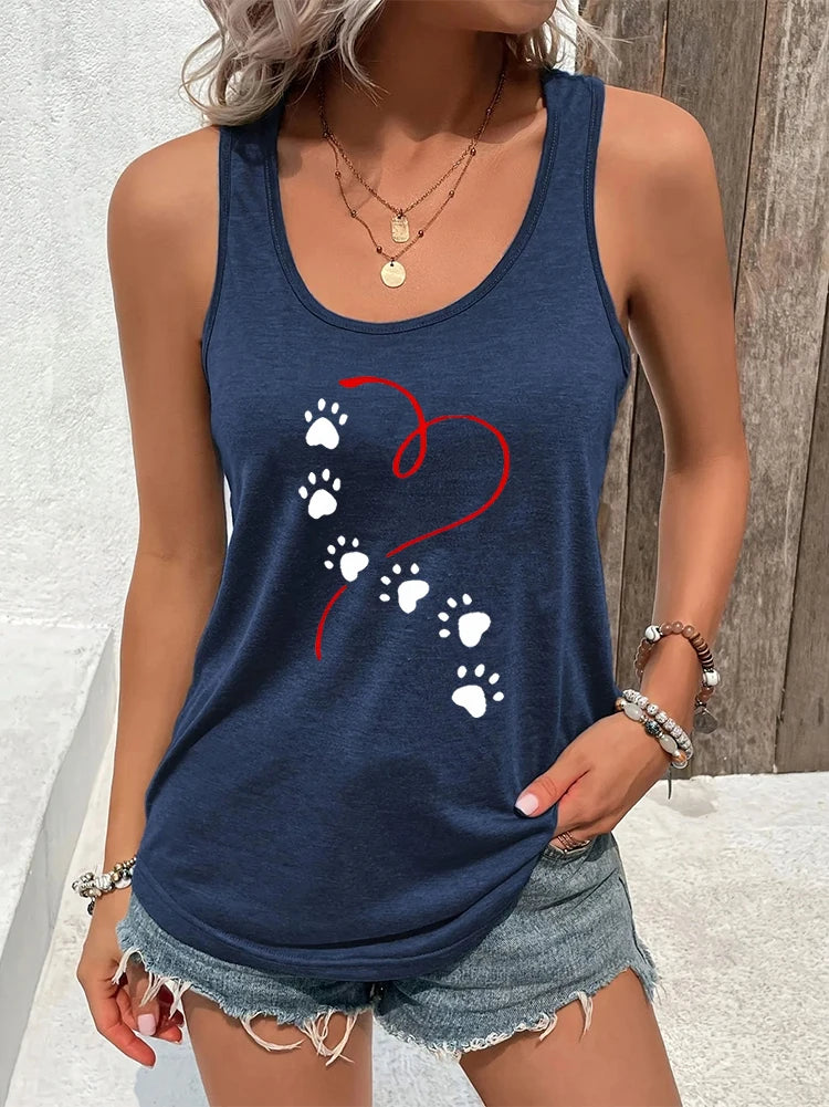 Heart Dog Paw Prints Fashion Casual Tank Top Women Dog Lover Sexy Tops Animal Essential Racerback Tanks Heart Graphic Casual Top