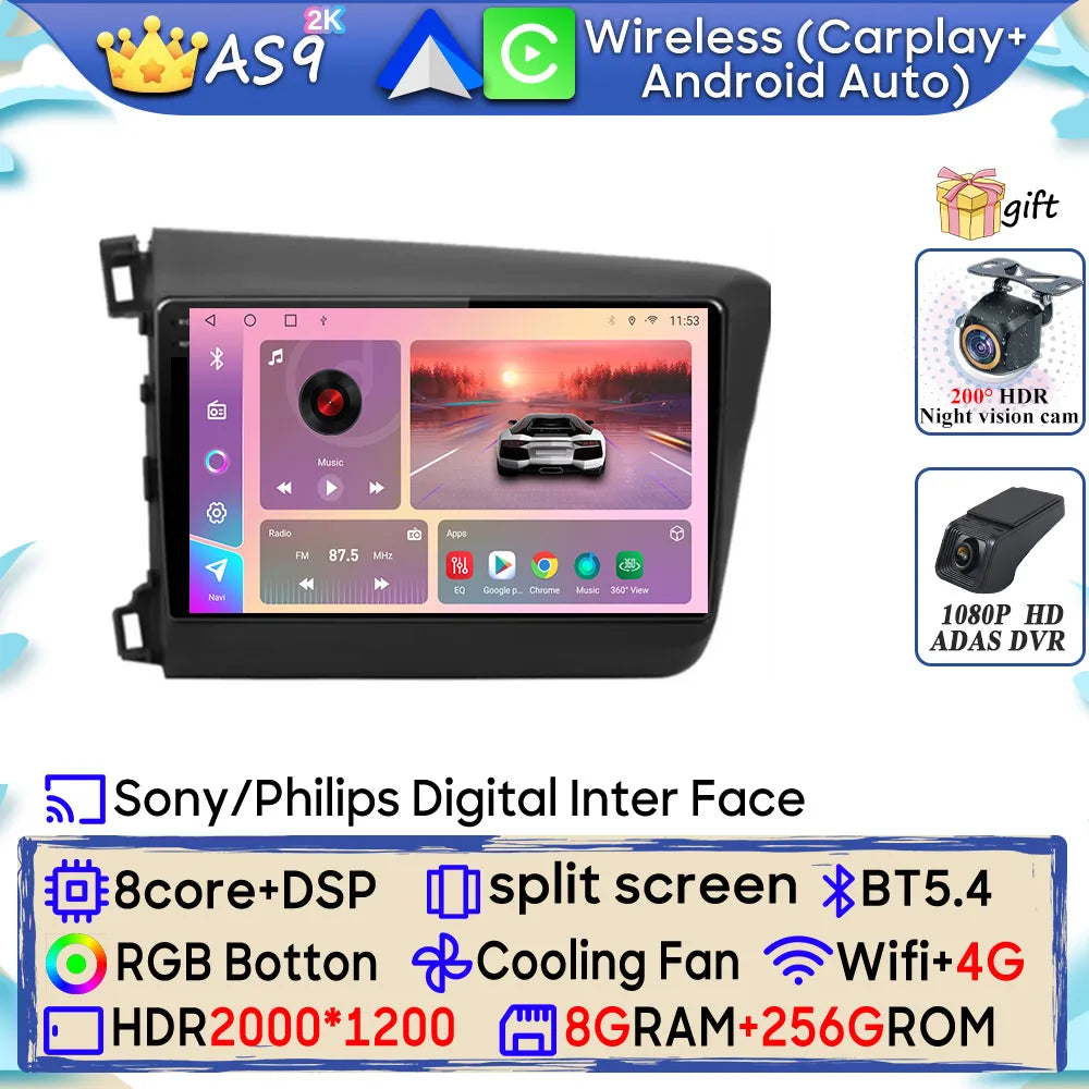 Car Stereo with Apple CarPlay & Android Auto, Compatible with Honda Civic 9 (2012-2015)