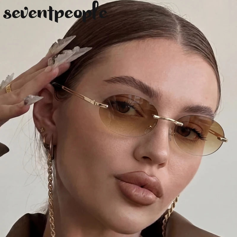 Rimless Oval Sunglasses for Women — Gold Metal, Gradient Lens