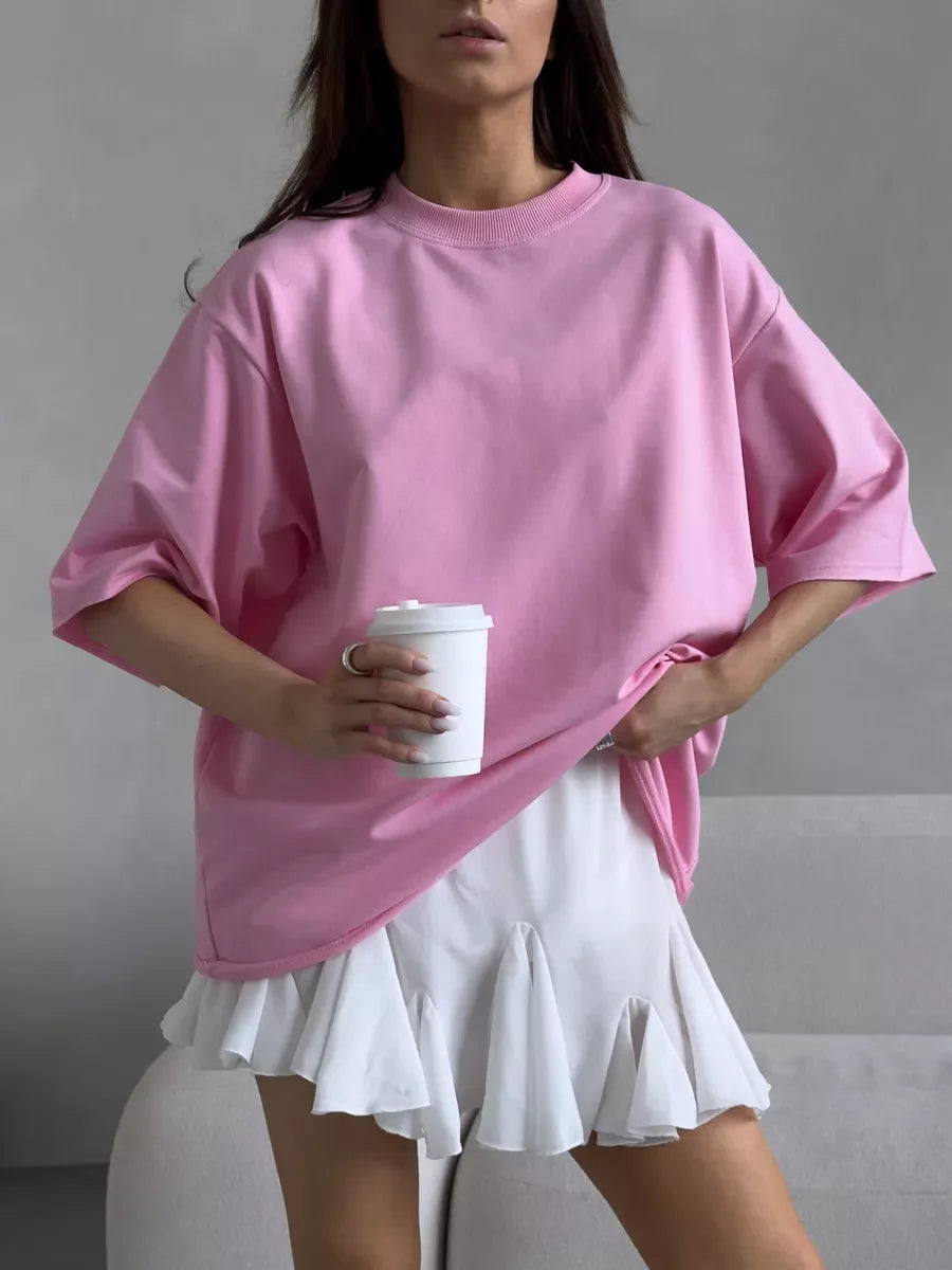 Hirsionsan Summer Casual Oversized T-shirts Women 100% Cotton Pink Loose Tees 2026 New Cusual Solid O Neck Female Aesthetic Tops