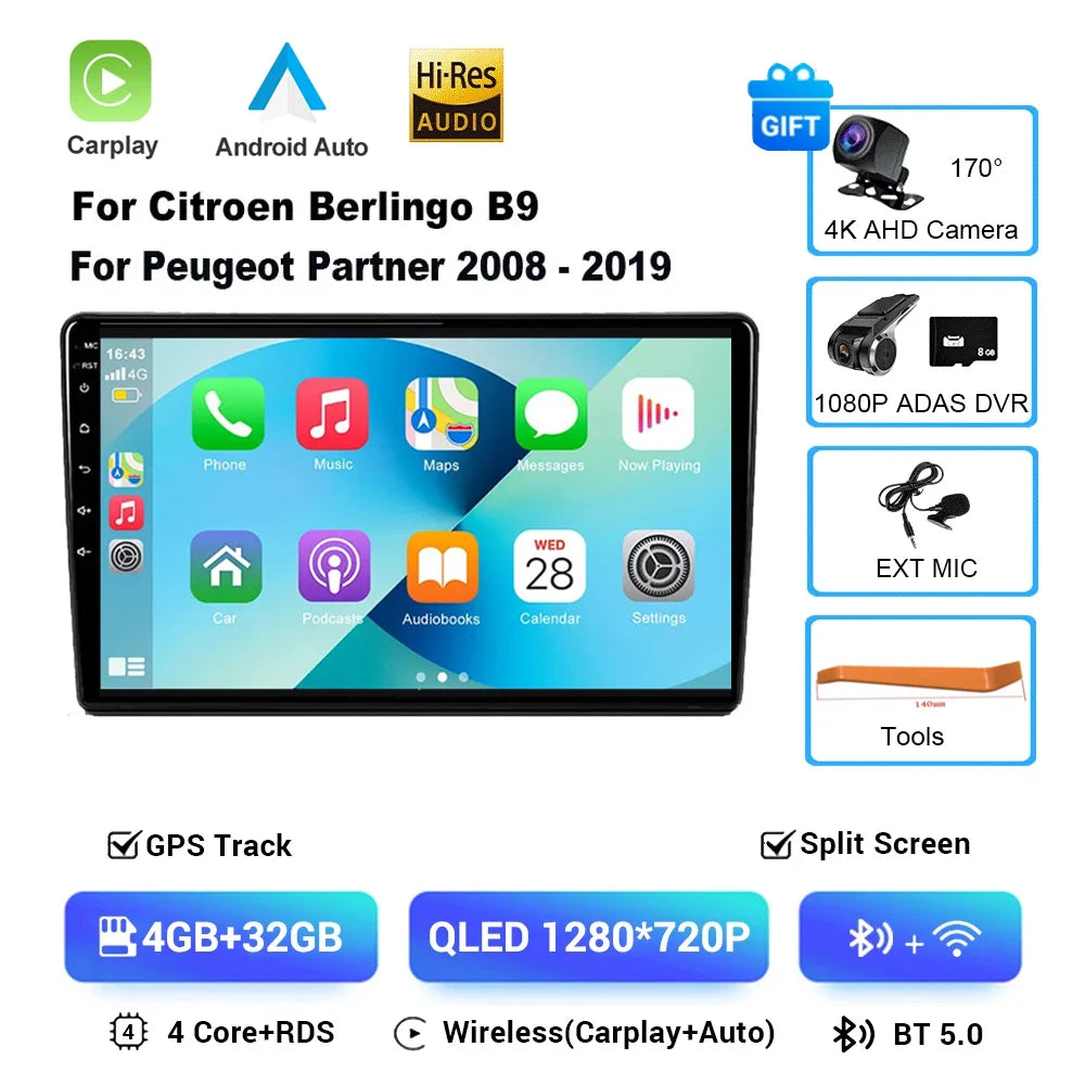 Android 16 Car Radio 4G+WIFI Carplay For Citroen Berlingo For Peugeot Partner 2008 - 2019 Navigation GPS Car Multimedia Player