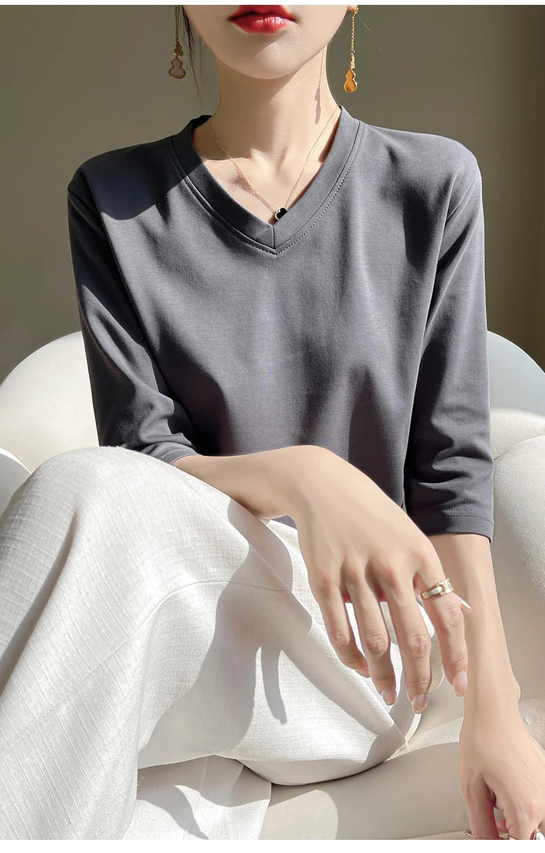 Spring And Summer New Cotton V-neck T-shirt Short-Sleeved Women's Half-Sleeve Bottoming Shirt High-End Cropped Sleeve Top