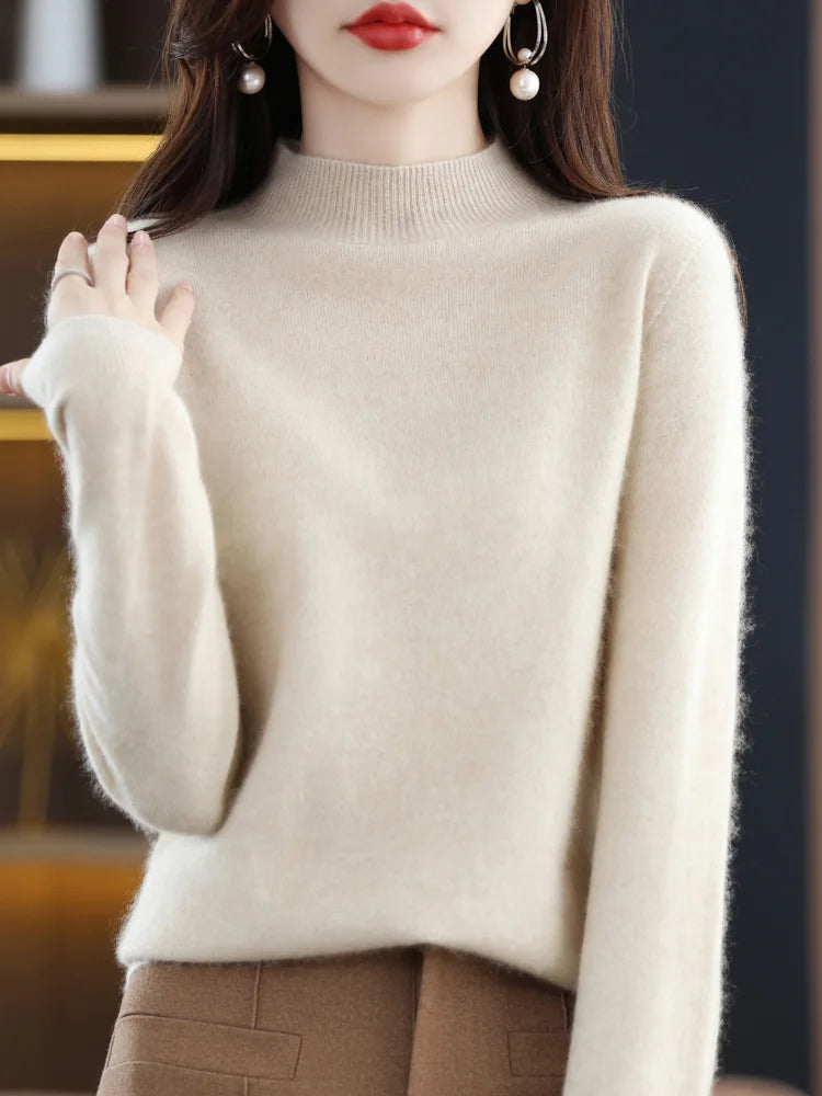 Women's Merino Wool Mock Neck Sweater, Long Sleeve