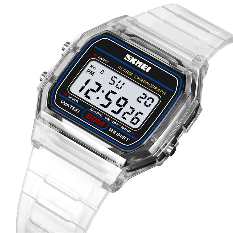 Skmei Women Digital Watches Fashion Transparent Case TPU Strap Led Waterproof Swimming Sports Wristwatch Female Alarm Clock