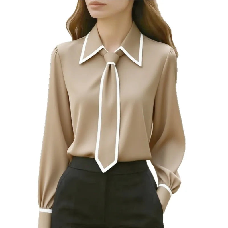 Women's Bow Tie Office Blouse - Long Sleeve Contrast Trim Shirt - photo 5