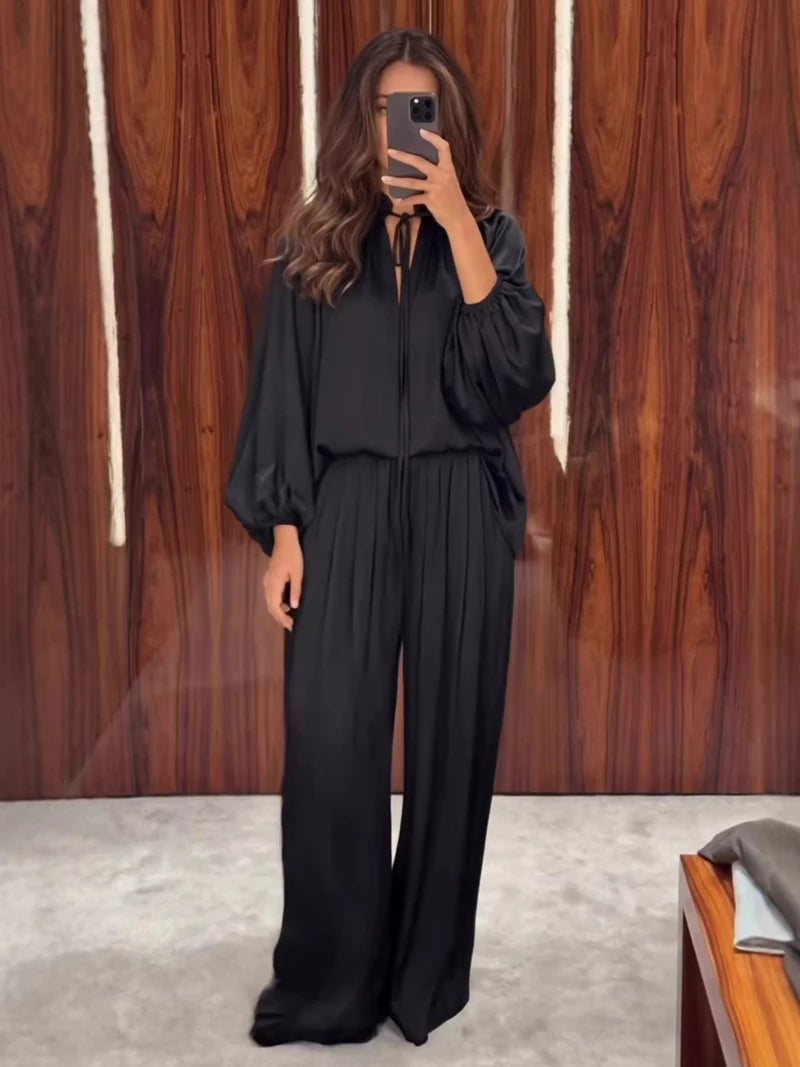 Satin Lace-Up V-Neck Blouse & Wide-Leg Pants Set — 2-Piece