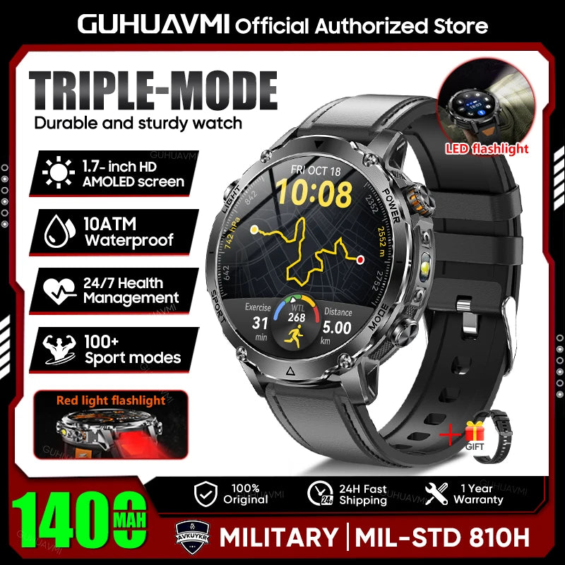 Rugged Outdoor Smart Watch — 1400mAh, 10ATM, Torch & BT Call