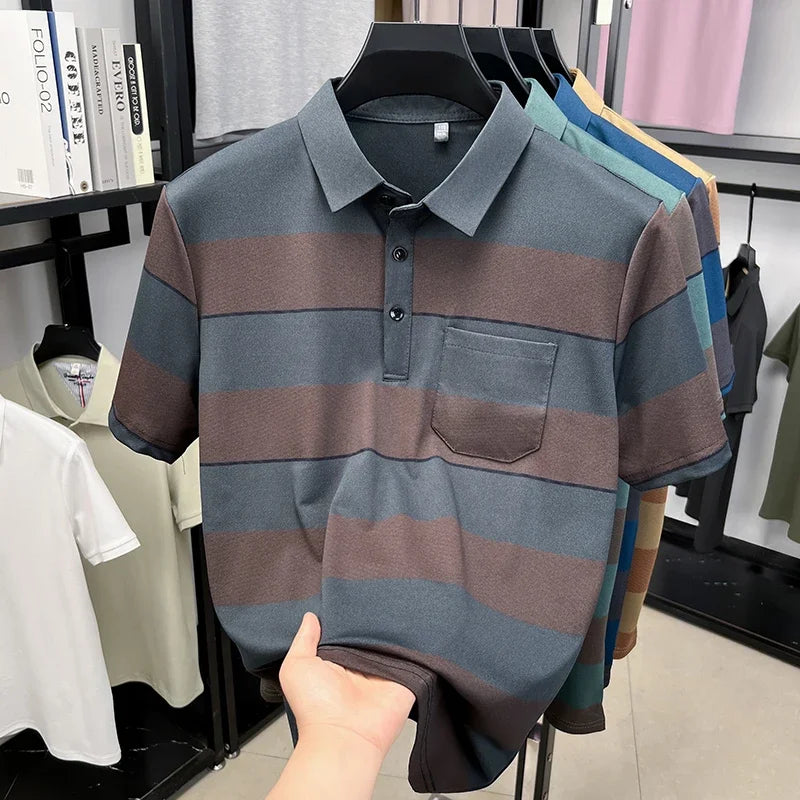 Men's Striped Mesh Polo - Lapel Three-Button, Anti-Wrinkle Knit