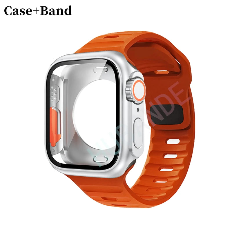 Silicone strap For Apple Watch 44mm 45mm 41mm 40mm Bracelet+Screen protectores Change to Ultra For iWatch Series 9 8 7 SE 6 5 3