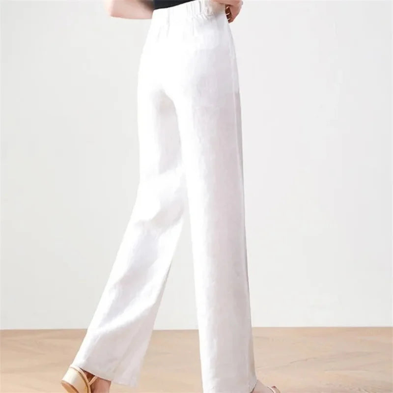 Cotton Linen Wide Leg Pants Lady New Spring Summer Thin Casual Solid Long Pants Women Elastic High Waist Loose Straight Trousers