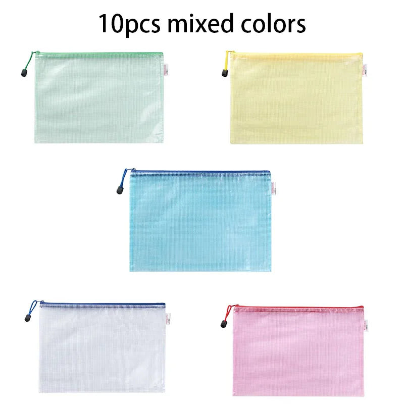 10PCS Stationery Storage Folder File Mesh Zipper Pouch Document Bag Office and Educational Supplies Storage Students Stationery