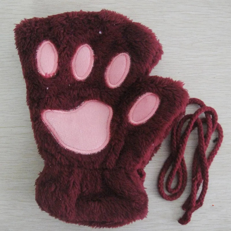 Women's Cat Paw Plush Mittens, Fingerless