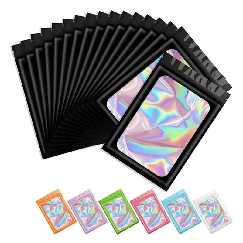 100Pcs Holographic Ziplock Bag Plastic Laser Iridescent Zip Bags for Manicure Eyelash Display Earrings Ring Jewelry Stoage Bags