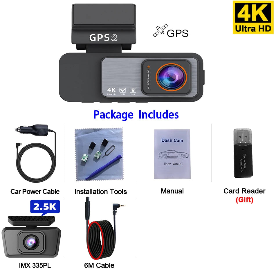 Dash Cam 4K UHD Recording Car Camera DVR Night Vision Video Recorder GPS Wi-Fi Support Dual Lens Room 2.5K Rear View Camera