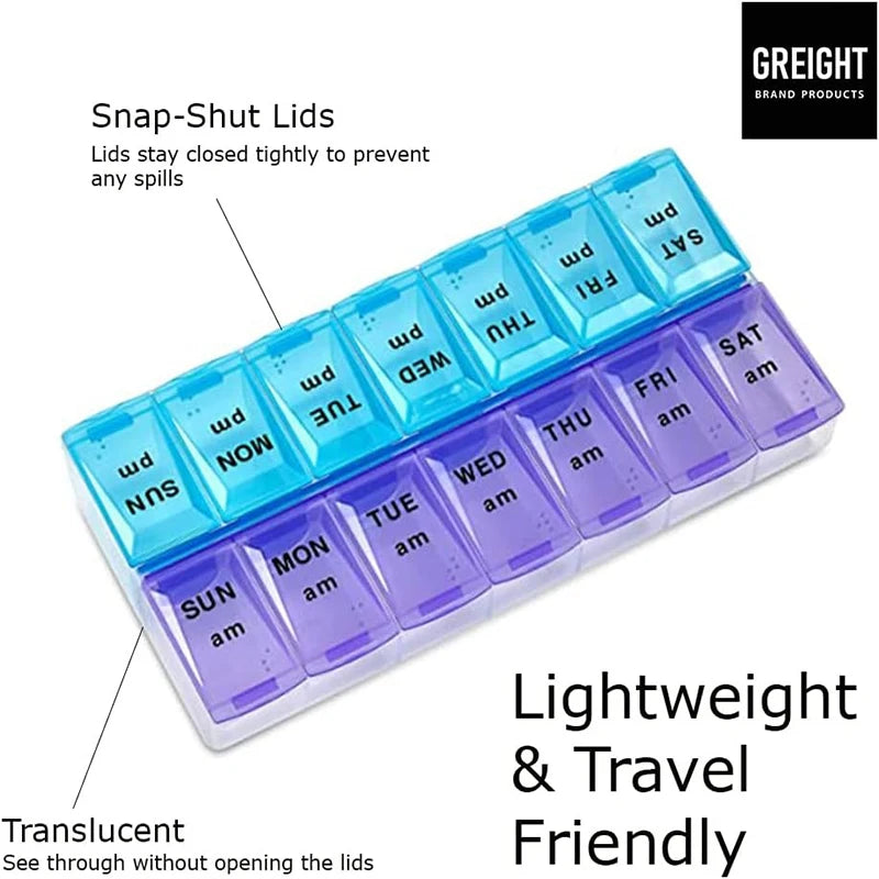 Portable 7-Day Pill Organizer, Compact 6.89x3.35 Inch, Double Row Design with Clear Lids, Ideal for Car, Vacation, Business Trip