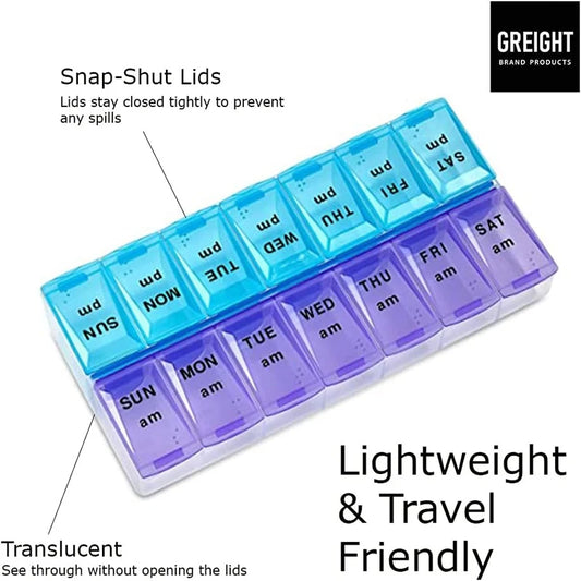 Portable 7-Day Pill Organizer, Compact 6.89x3.35 Inch, Double Row Design with Clear Lids, Ideal for Car, Vacation, Business Trip