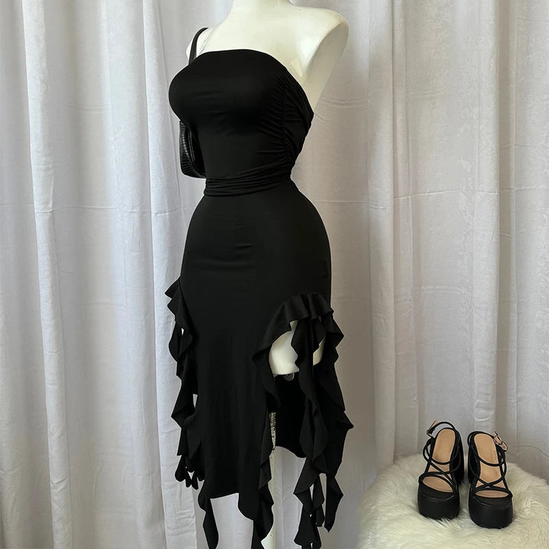 2026 Summer Maxi Women's Dress Vintage Elegant black Fashion Sleeveless Slim Backless Irregular Tassel Party Dresses Street Robe