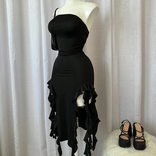 2026 Summer Maxi Women's Dress Vintage Elegant black Fashion Sleeveless Slim Backless Irregular Tassel Party Dresses Street Robe