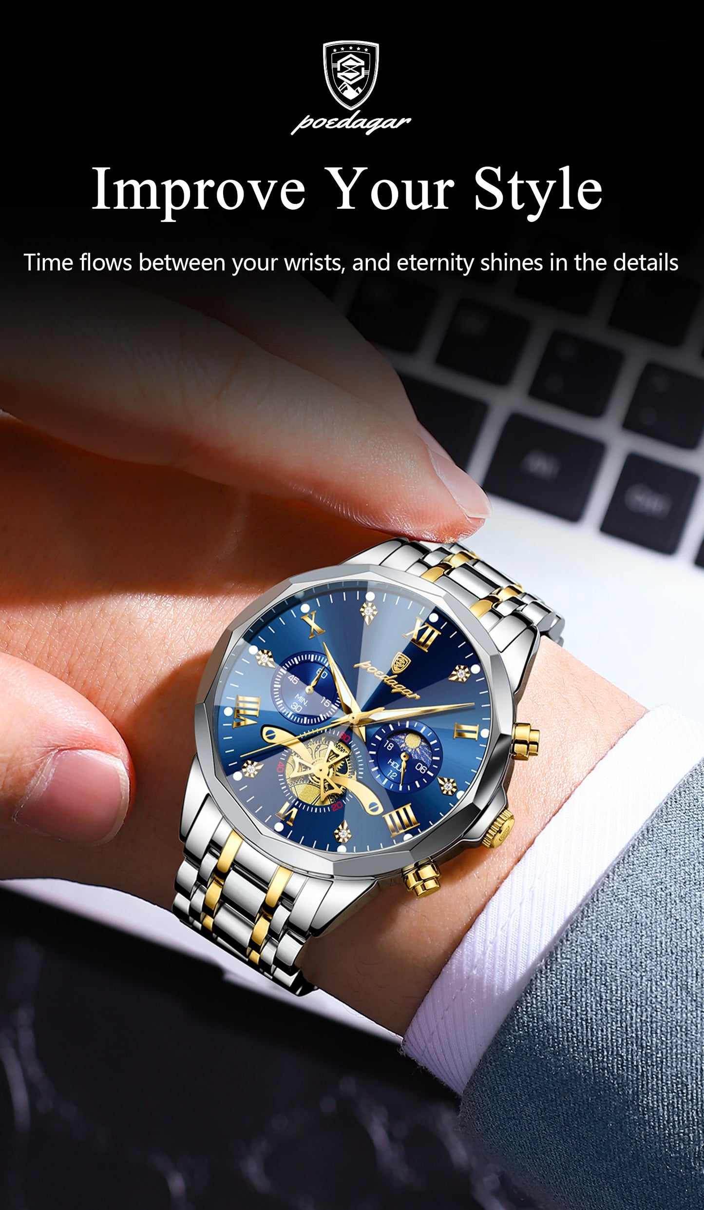 POEDAGAR Luxury Men's Quartz Watch – Waterproof Luminous Chronograph Stainless Steel Wristwatch (Model 938)